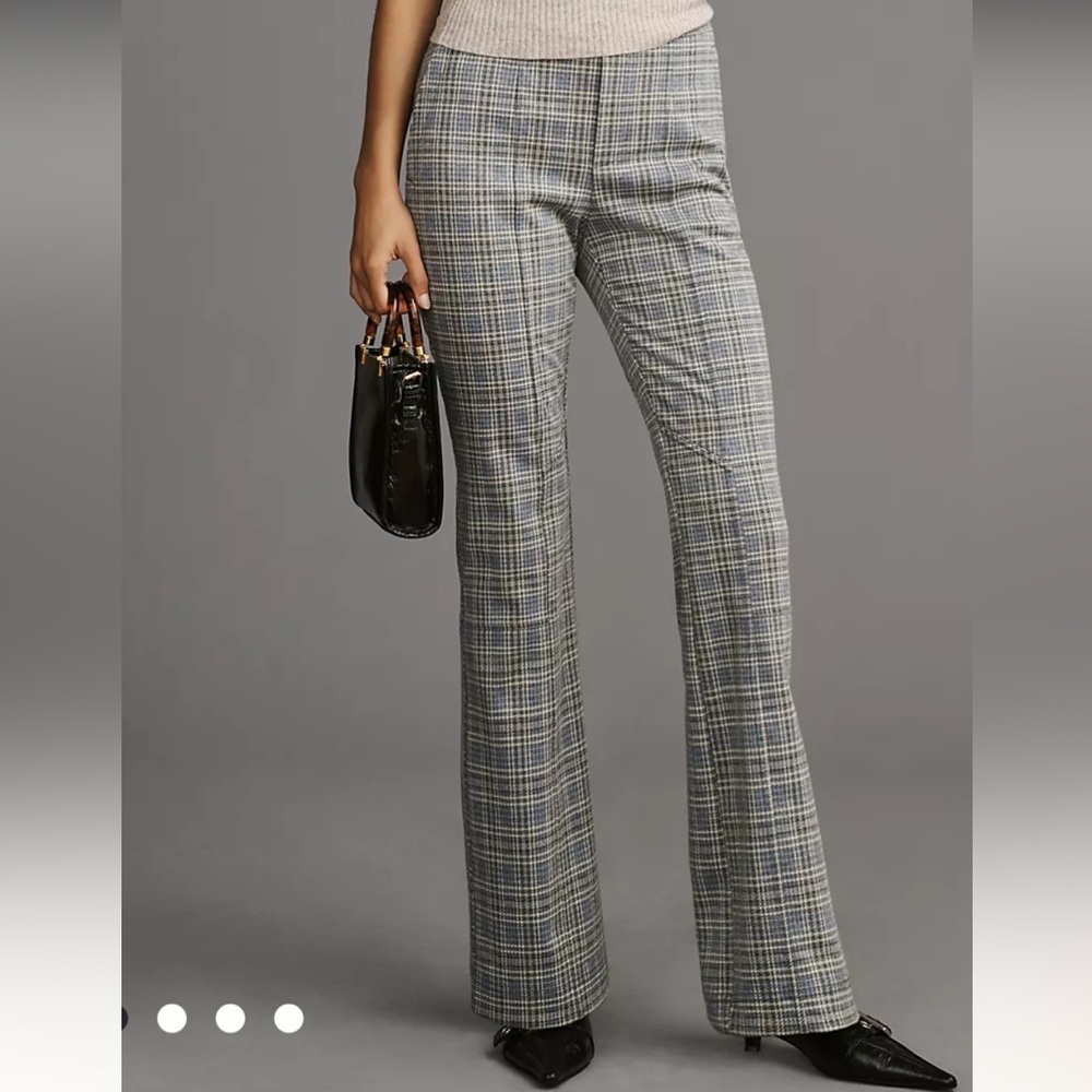 ANTHROPOLOGIE Plaid High Rise Knit Hiking Bootcut Flare Pants Sz ST 28”Blue Gray